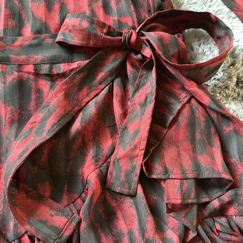 Religion clothing we live in black red faux wrap statement sleeve tie dress sz S